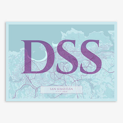 Decorative map of San Sebastian composed with letters in serif font printed on purple and light blue