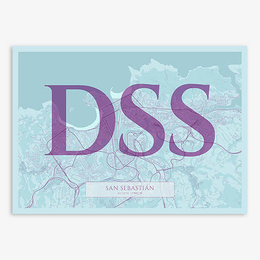 Decorative map of San Sebastian composed with letters in serif font printed on purple and light blue