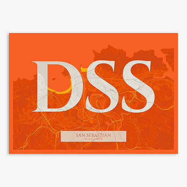 Decorative map of San Sebastian composed with letters in serif font printed on orange and an off-white background