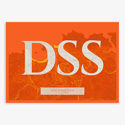 Decorative map of San Sebastian composed with letters in serif font printed on orange and an off-white background