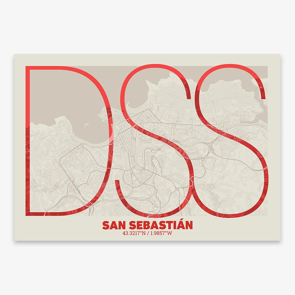 The map of San Sebastian in Ultralight design, a minimalist aesthetic combining urban cartography with modern, extra-thin elegant lettering designed in red and an off-white background