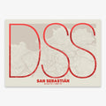 The map of San Sebastian in Ultralight design, a minimalist aesthetic combining urban cartography with modern, extra-thin elegant lettering designed in red and an off-white background