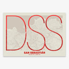 The map of San Sebastian in Ultralight design, a minimalist aesthetic combining urban cartography with modern, extra-thin elegant lettering designed in red and an off-white background