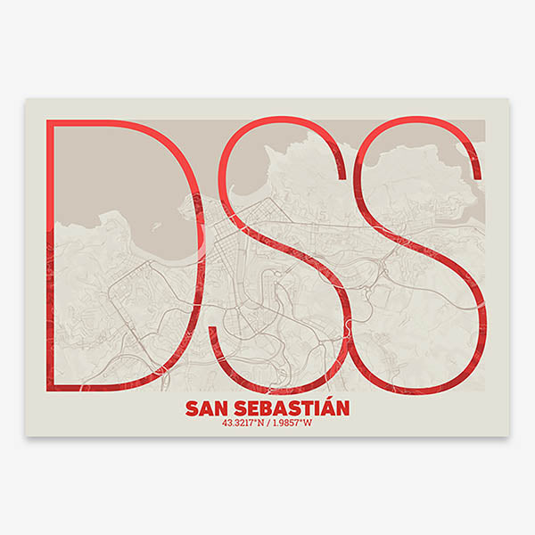 Poster of San Sebastian composed with letters in extra light font printed on red and an off-white background