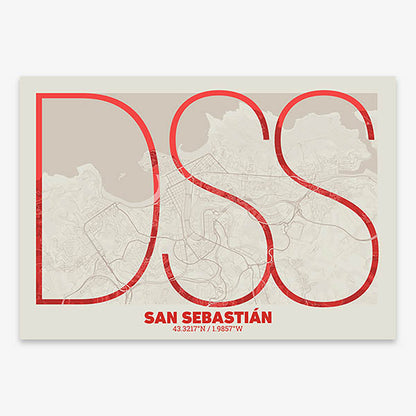 Poster of San Sebastian composed with letters in extra light font printed on red and an off-white background