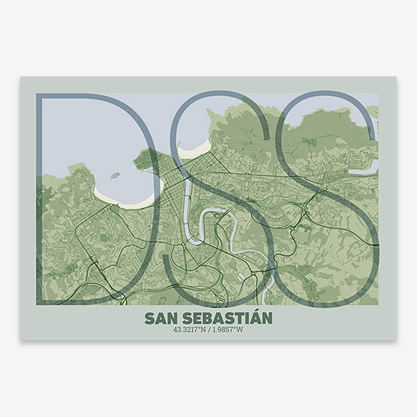 Poster of San Sebastian composed with letters in extra light font printed on two green tones