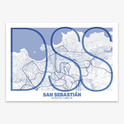 Poster of San Sebastian composed with letters in extra light font printed on navy blue and white