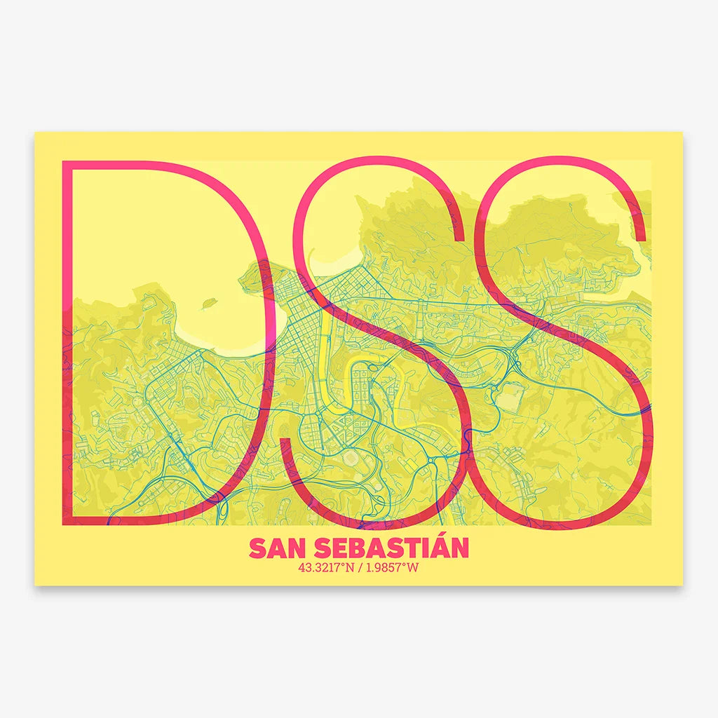 Poster of San Sebastian composed with letters in extra light font printed on yellow and fuchsia
