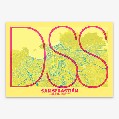 Poster of San Sebastian composed with letters in extra light font printed on yellow and fuchsia
