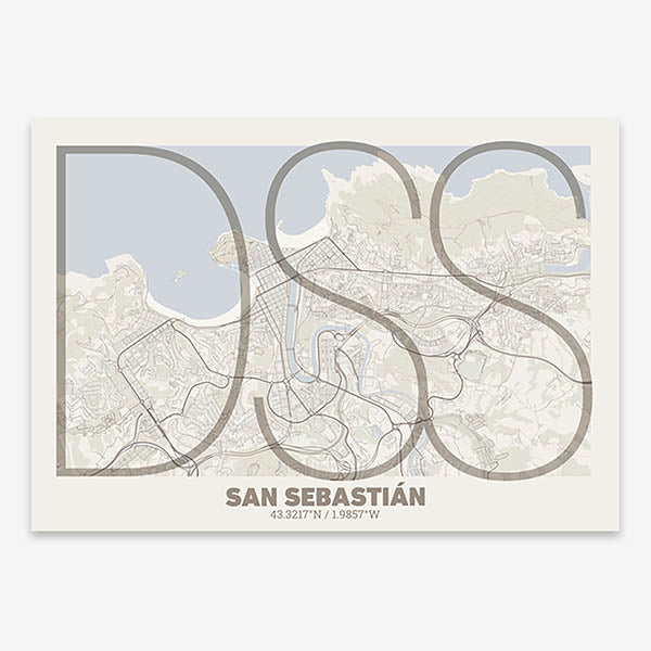 Poster of San Sebastian composed with letters in extra light font printed on light brown and an off-white background