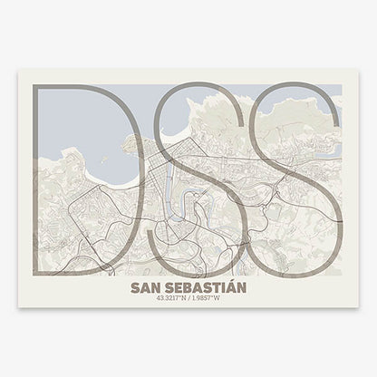 Poster of San Sebastian composed with letters in extra light font printed on light brown and an off-white background