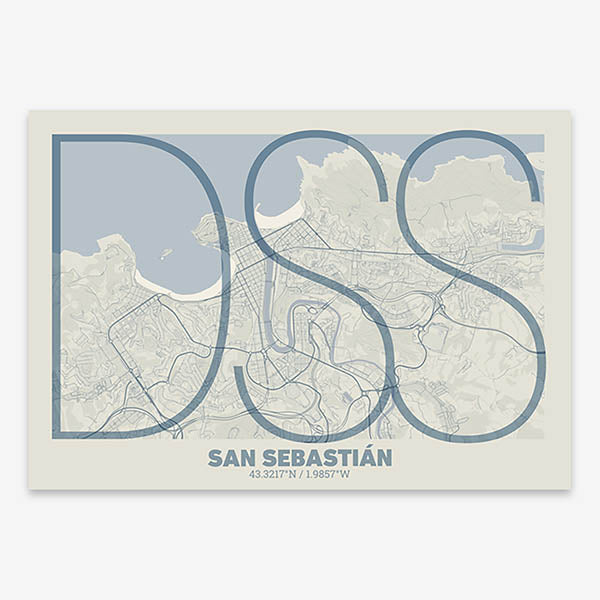 Poster of San Sebastian composed with letters in extra light font printed on bluish gray and an off-white background