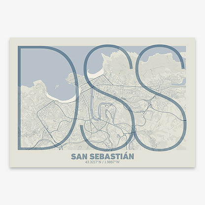 Poster of San Sebastian composed with letters in extra light font printed on bluish gray and an off-white background