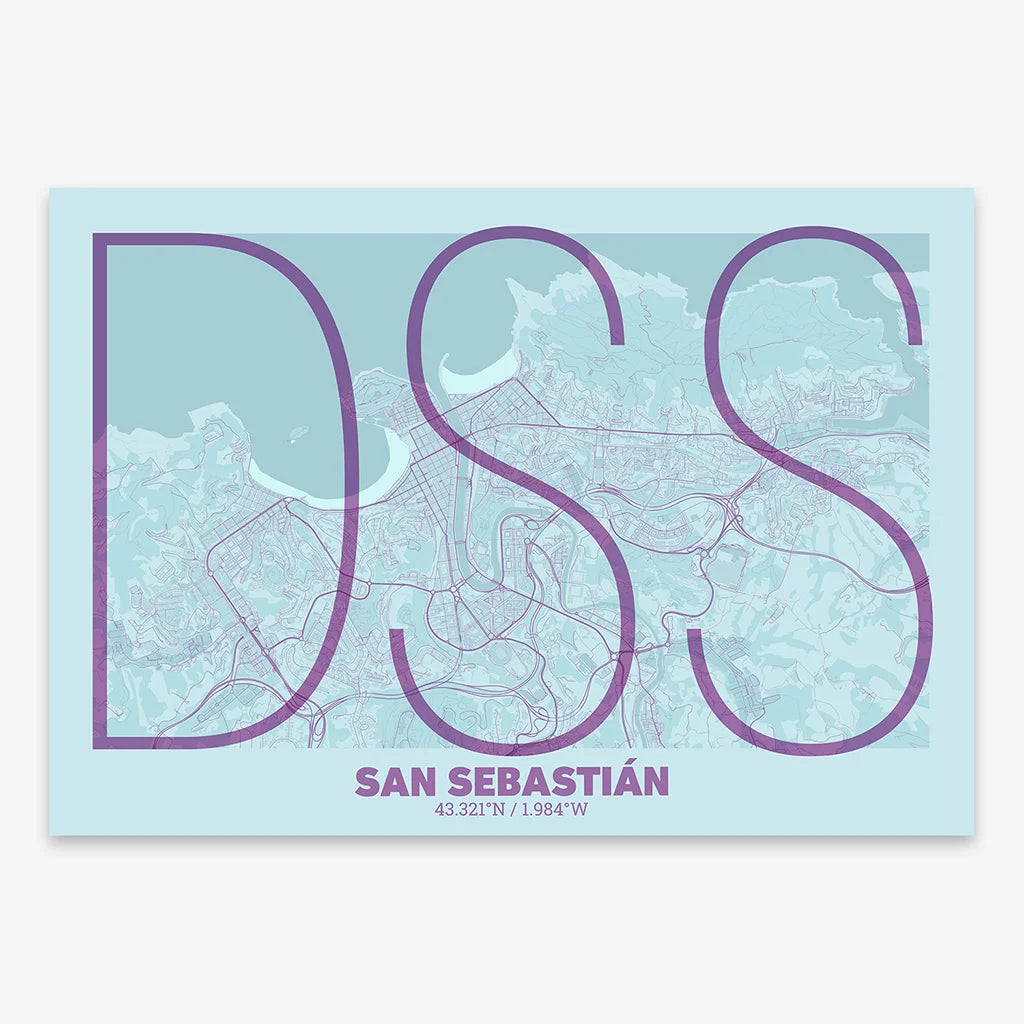 Poster of San Sebastian composed with letters in extra light font printed on purple and light blue