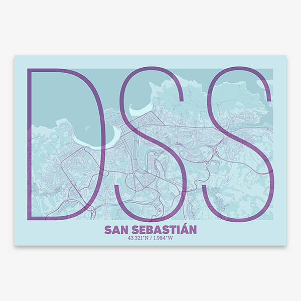 Poster of San Sebastian composed with letters in extra light font printed on purple and light blue