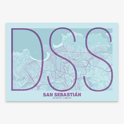 Poster of San Sebastian composed with letters in extra light font printed on purple and light blue