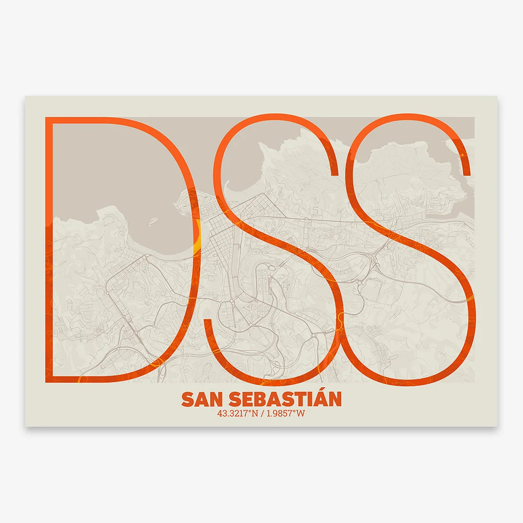 Poster of San Sebastian composed with letters in extra light font printed on orange and an off-white background