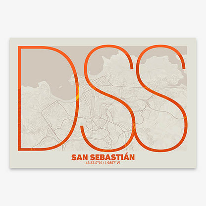 Poster of San Sebastian composed with letters in extra light font printed on orange and an off-white background