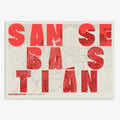 The map of San Sebastian in Unruled design, where the city name letters appear randomly across different lines for a truly original urban layout designed in red and an off-white background