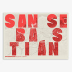 The map of San Sebastian in Unruled design, where the city name letters appear randomly across different lines for a truly original urban layout designed in red and an off-white background
