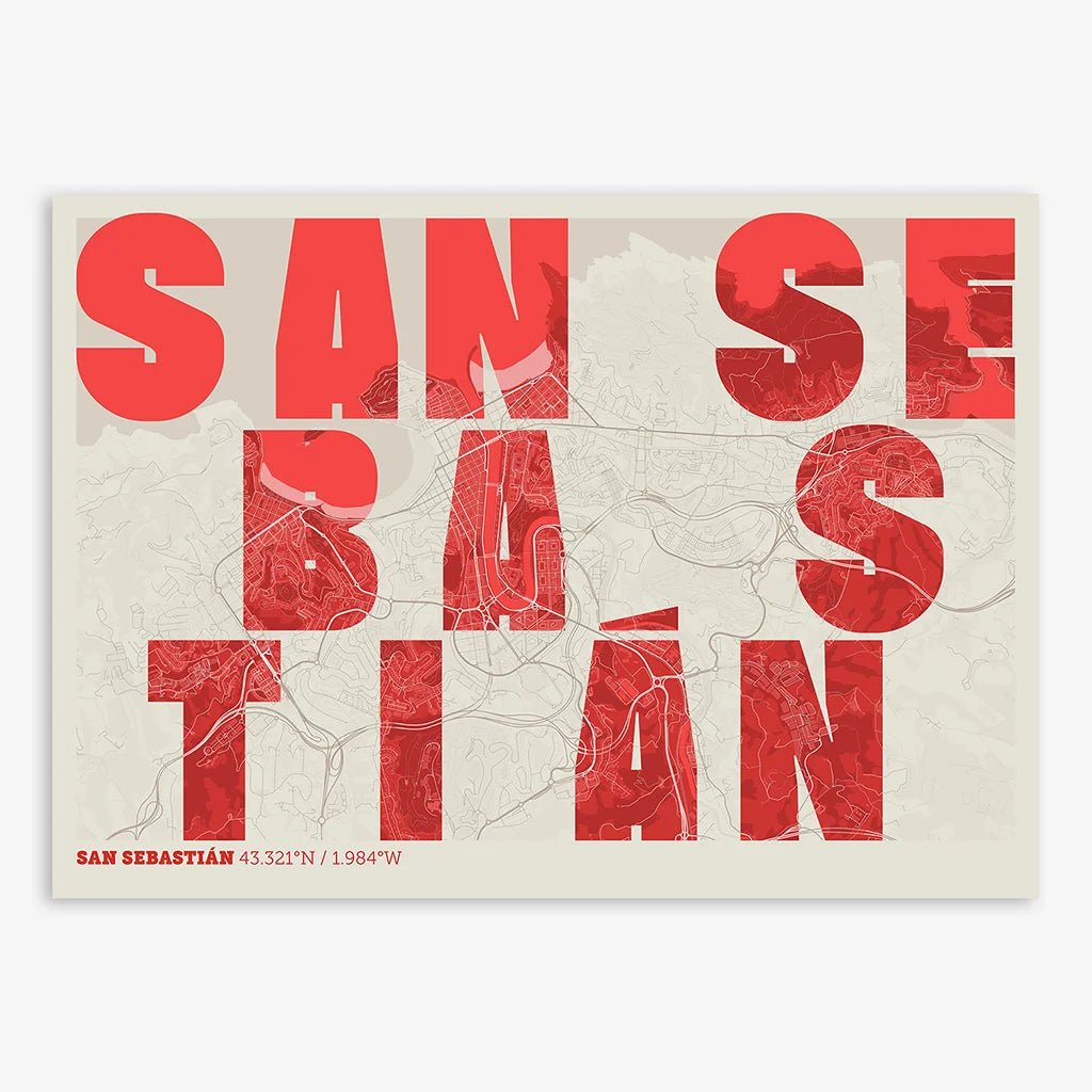 Decorative print of San Sebastian with letters of its name placed randomly, designed in red and an off-white background