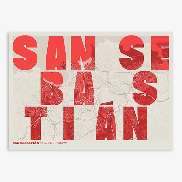 Decorative print of San Sebastian with letters of its name placed randomly, designed in red and an off-white background