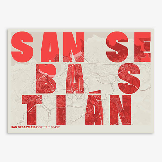 Decorative print of San Sebastian with letters of its name placed randomly, designed in red and an off-white background