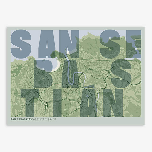 Decorative print of San Sebastian with letters of its name placed randomly, designed in two green tones
