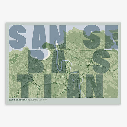 Decorative print of San Sebastian with letters of its name placed randomly, designed in two green tones