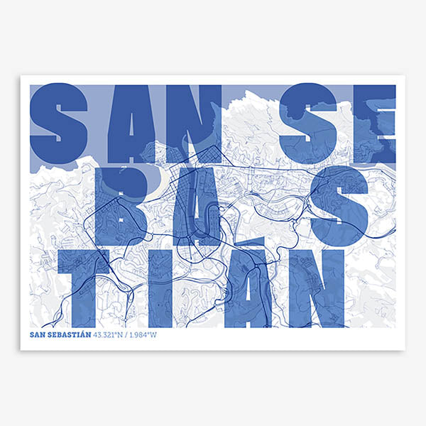 Decorative print of San Sebastian with letters of its name placed randomly, designed in navy blue and white