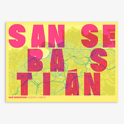 Decorative print of San Sebastian with letters of its name placed randomly, designed in yellow and fuchsia
