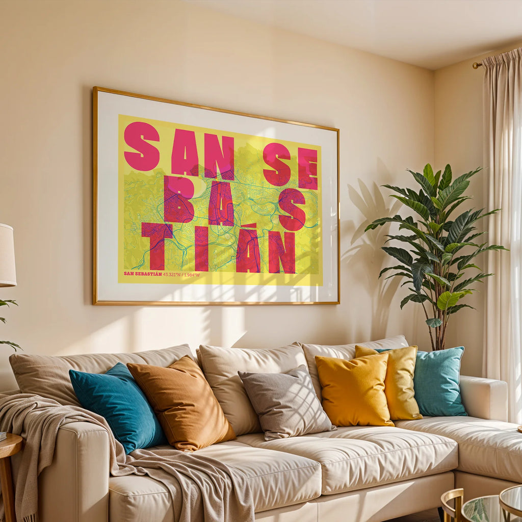 Modern interior design with a San Sebastian in Unruled design, where the city name letters appear randomly across different lines for a truly original urban layout designed in yellow and fuchsia, displayed on a living room wall