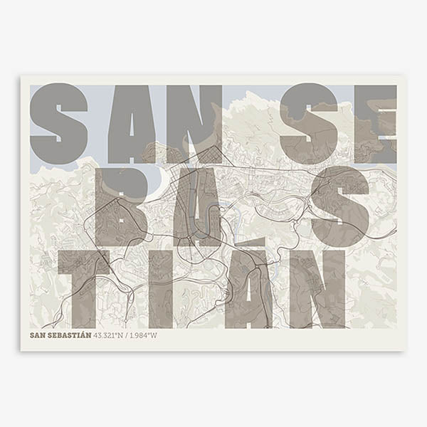 Decorative print of San Sebastian with letters of its name placed randomly, designed in light brown and an off-white background