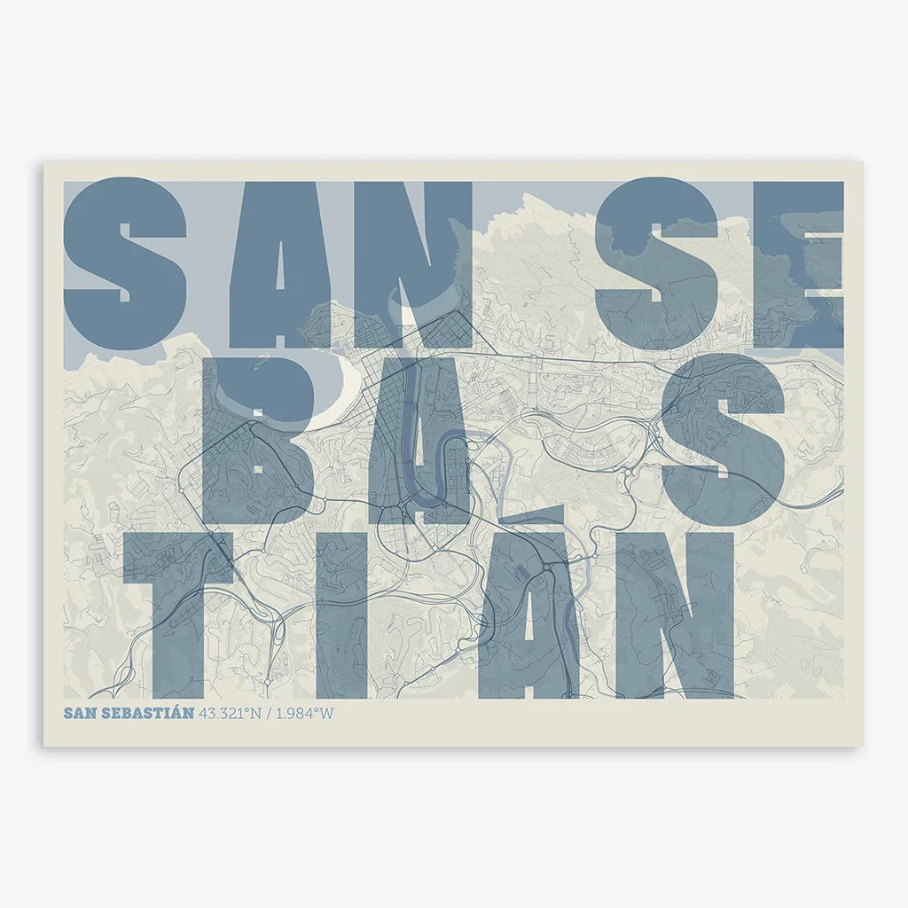 Decorative print of San Sebastian with letters of its name placed randomly, designed in bluish gray and an off-white background