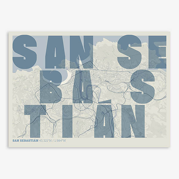 Decorative print of San Sebastian with letters of its name placed randomly, designed in bluish gray and an off-white background