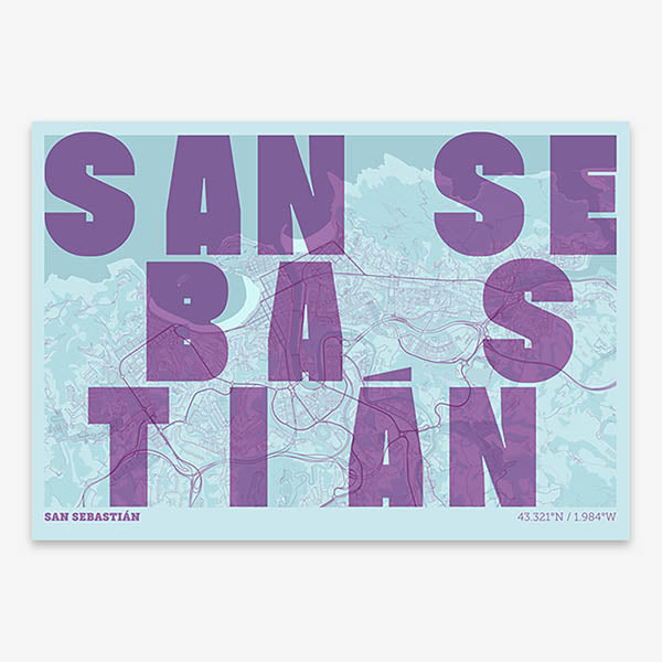 Decorative print of San Sebastian with letters of its name placed randomly, designed in purple and light blue