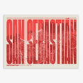 Decorative map of San Sebastian and letters of its name in a giclée print designed in red and an off-white background