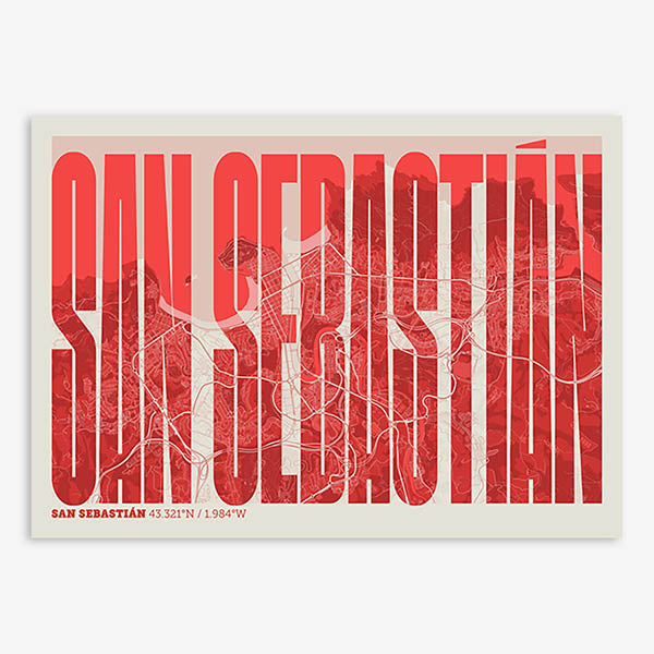 Decorative map of San Sebastian and letters of its name in a giclée print designed in red and an off-white background