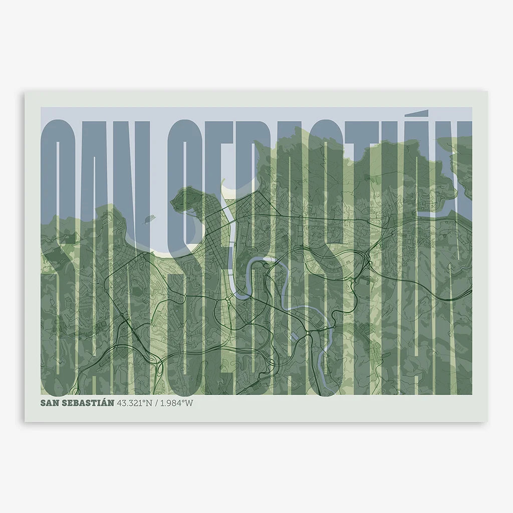 Decorative map of San Sebastian and letters of its name in a giclée print designed in two green tones