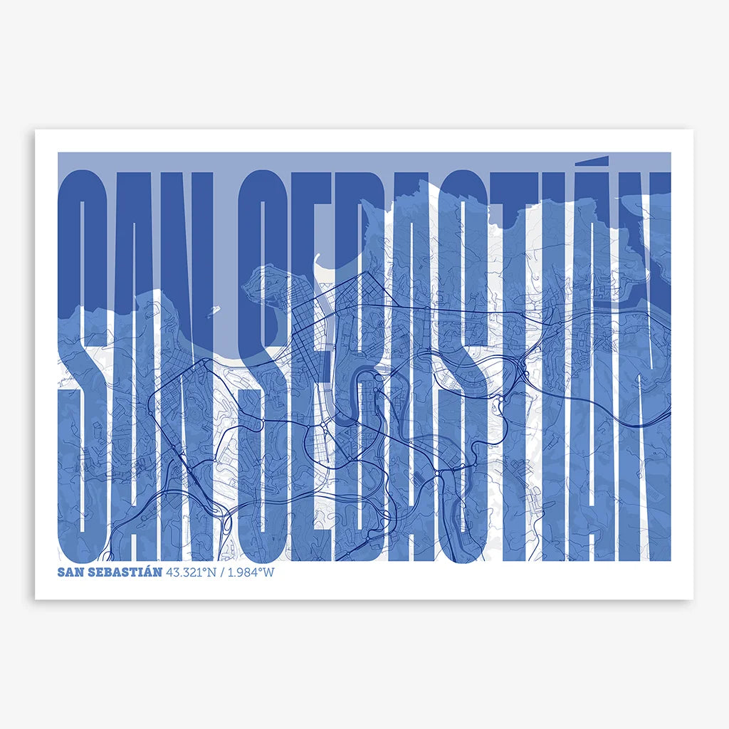 Decorative map of San Sebastian and letters of its name in a giclée print designed in navy blue and white