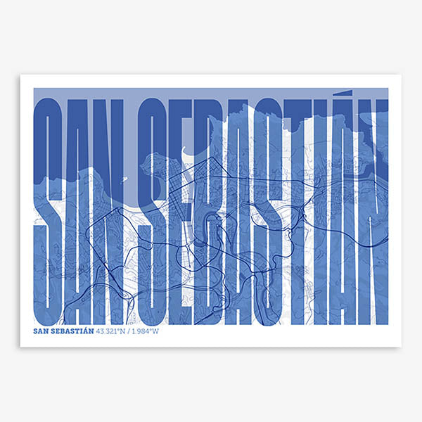 Decorative map of San Sebastian and letters of its name in a giclée print designed in navy blue and white