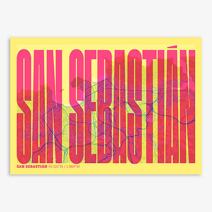 Decorative map of San Sebastian and letters of its name in a giclée print designed in yellow and fuchsia