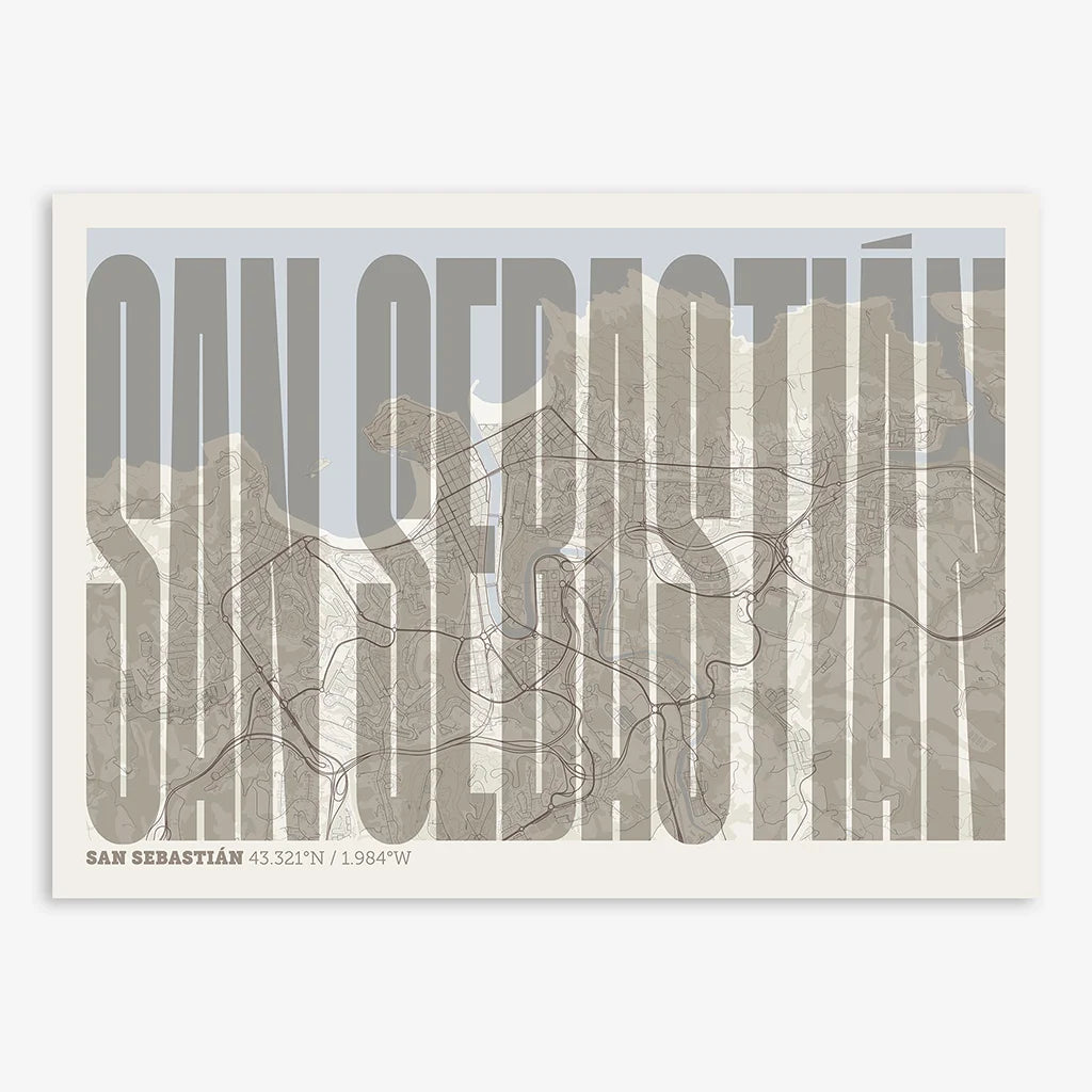 Decorative map of San Sebastian and letters of its name in a giclée print designed in light brown and an off-white background