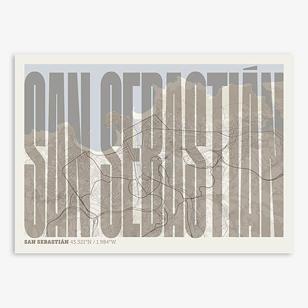 Decorative map of San Sebastian and letters of its name in a giclée print designed in light brown and an off-white background