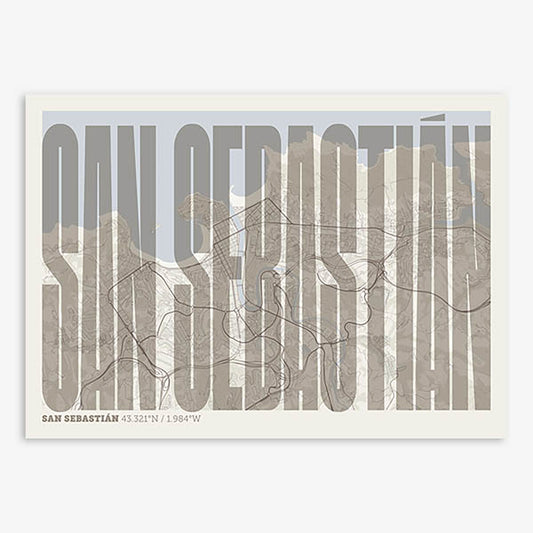 Decorative map of San Sebastian and letters of its name in a giclée print designed in light brown and an off-white background