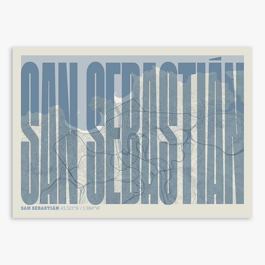 Decorative map of San Sebastian and letters of its name in a giclée print designed in bluish gray and an off-white background