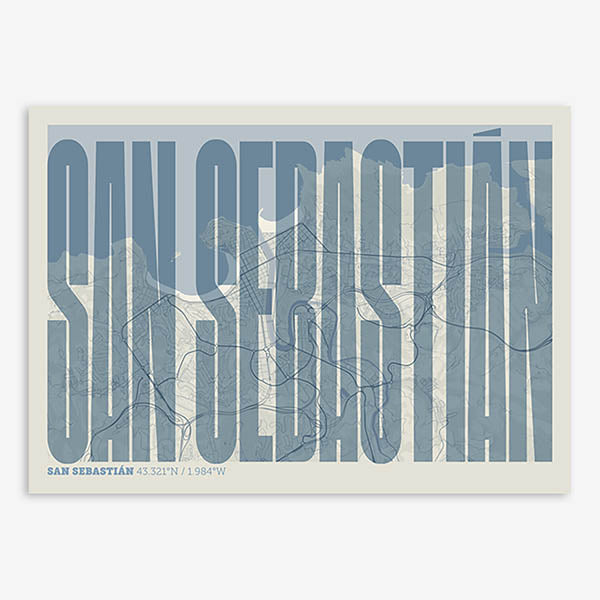 Decorative map of San Sebastian and letters of its name in a giclée print designed in bluish gray and an off-white background