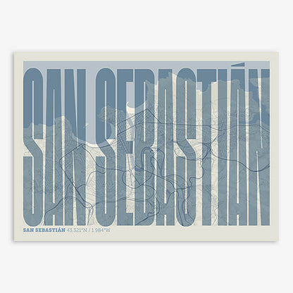 Decorative map of San Sebastian and letters of its name in a giclée print designed in bluish gray and an off-white background