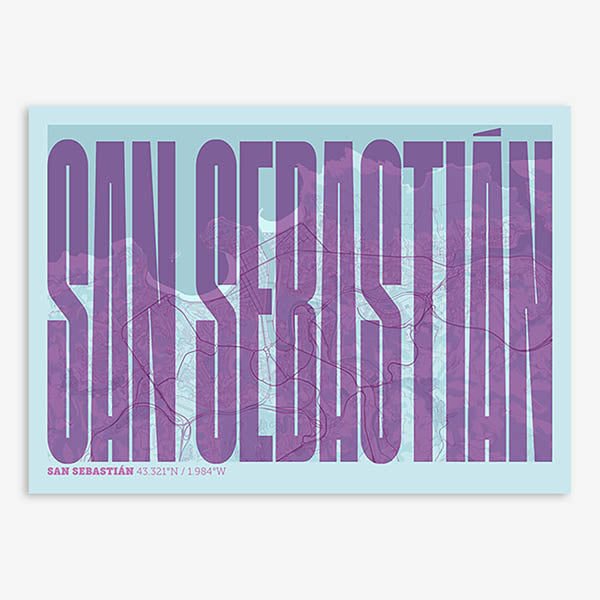 Decorative map of San Sebastian and letters of its name in a giclée print designed in purple and light blue