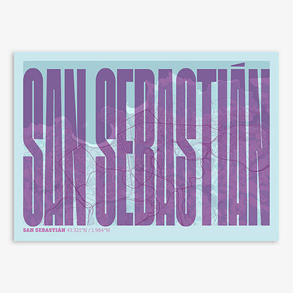 Decorative map of San Sebastian and letters of its name in a giclée print designed in purple and light blue